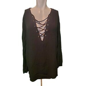 Elan Anthropologie Bell Sleeve Tunic Top Corset Tie Top Black Sz L